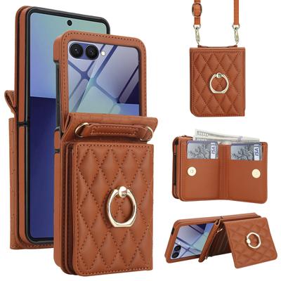 Cartera con tarjetero de anillo cruzado de lujo, funda de cuero tipo libro para teléfono Samsung Galaxy Z Flip 7 6 5 4 3, funda con cordón largo