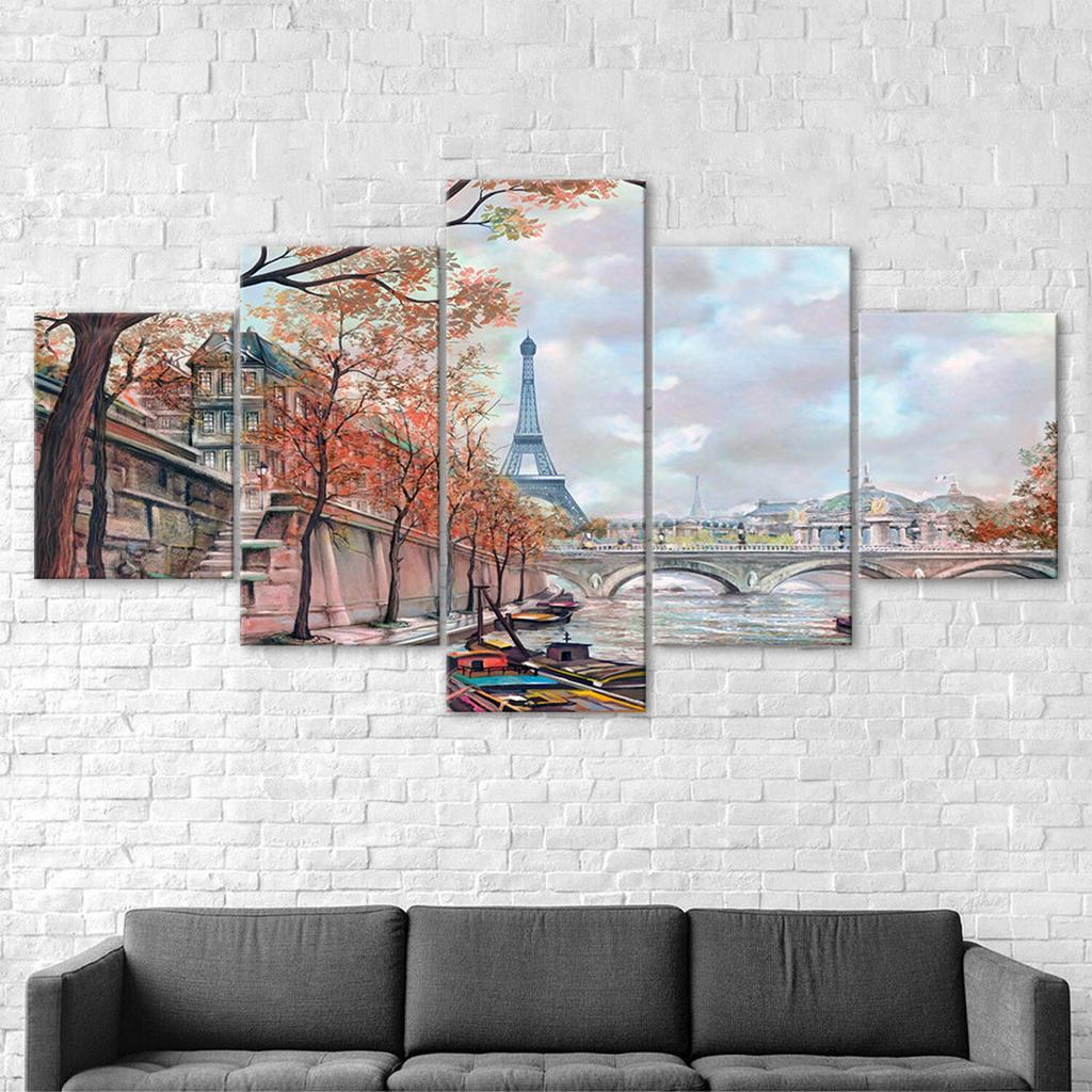 Romantic Paris Eiffel Tower Painting 5 Piece Five Panel Wall Canvas Print Modern Art Poster Picture Home Decor Gift For Him For Her