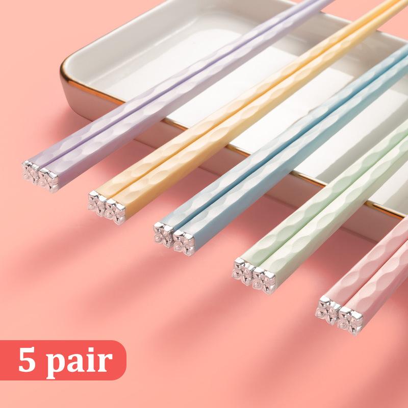 5 Paar bunte chinesische japanische Essstäbchen, Morandi, Essen, Sushi, wiederverwendbare Essstäbchen, Legierungs-Essstäbchen, Familienküchengeschirr