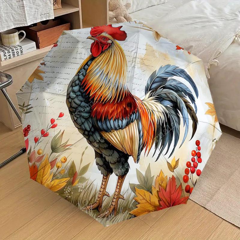 1pc Autumnal Rooster with Berries and Leaves Umbrella with Plastic Handle,Suitable for All Seasons Home Travel Outdoor UmbrellaDD1519