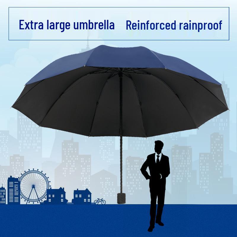 Large Dual-Purpose Sun and Rain Umbrella for 2-3 People, Reinforced Three-Fold Design with Printed Logo