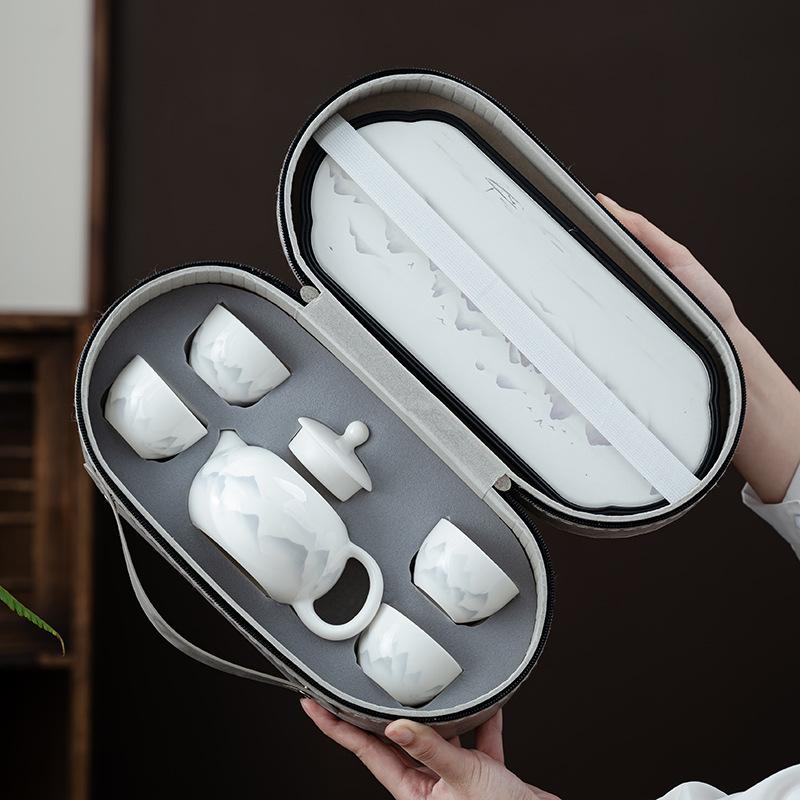 Chinese ink and wash Dehua white porcelain Kung Fu tea set business office gift box suet jade business gift portable ceramics