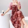 Women's nightgown thin short-sleeved printing light luxury simple breathable casual loungewear long skirt can be worn outside
