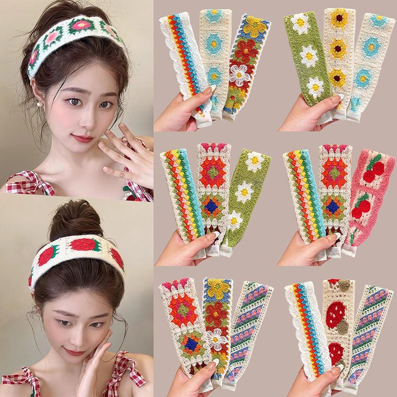 Knitting Colorful Flower Print Velcro Headband For Women Girls Sweet Hair Ornament Headwear Hair Band Hair Accessories