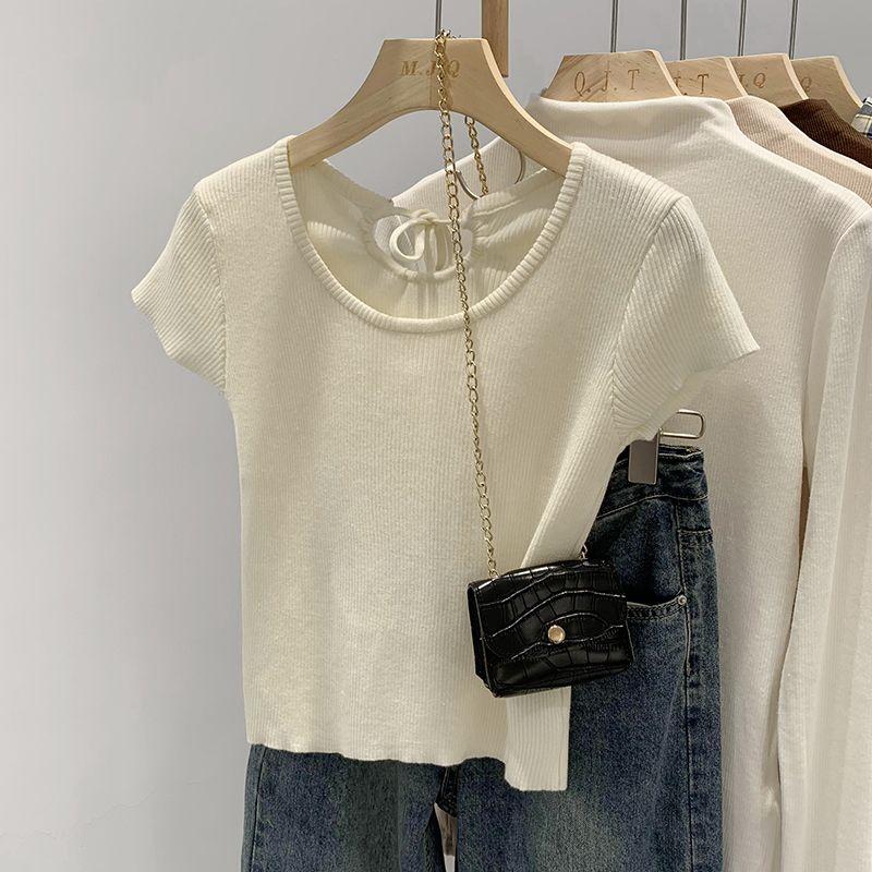 

Women s White Ribbed Knit Top Short Sleeve Back Tie Detail Casual Slim Fit Tee S білий