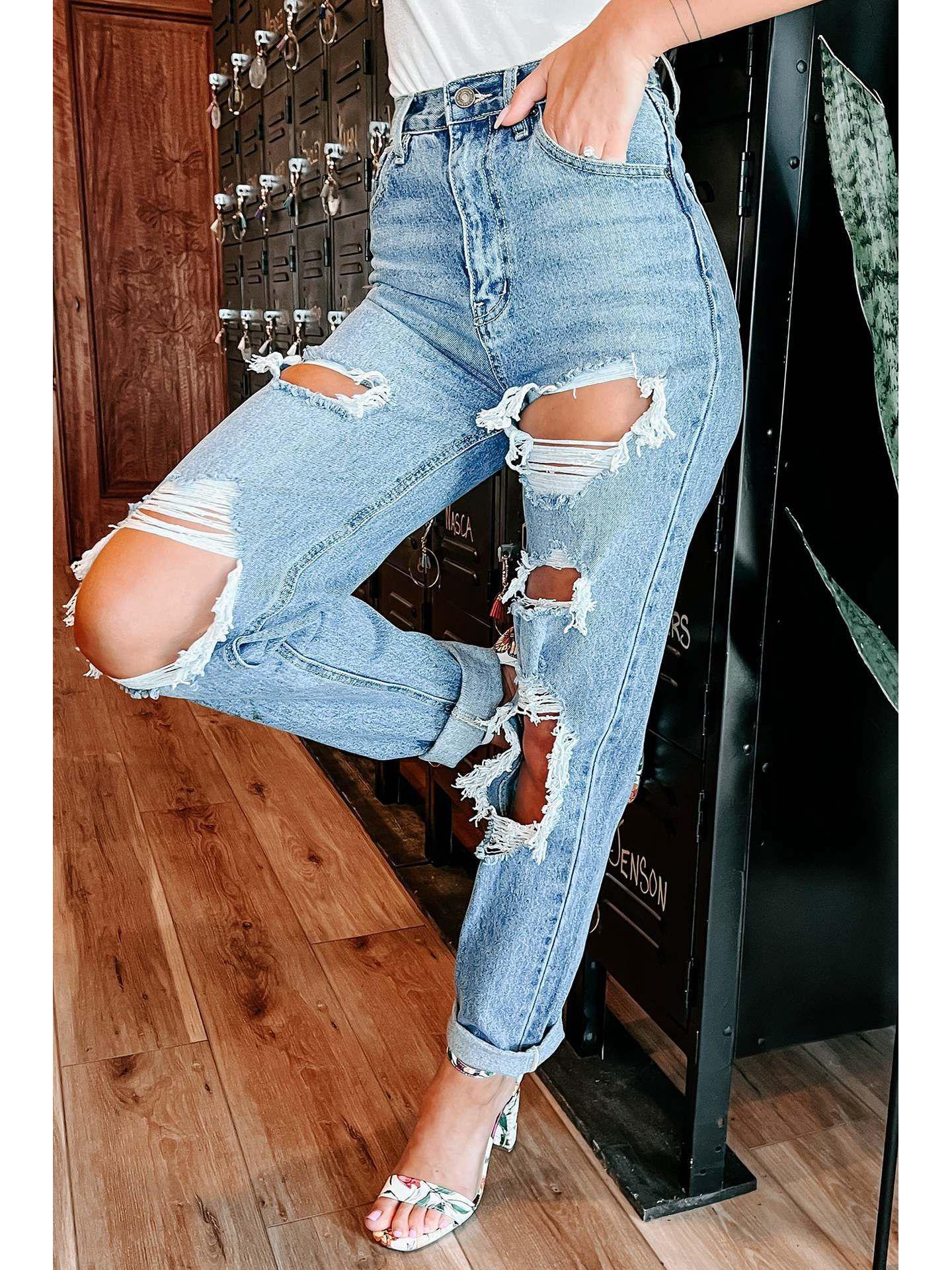 High-Waisted Slimming Ripped Straight-Leg Women s Jeans (European Style, 2022) XL
