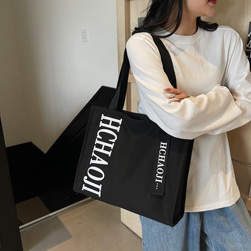 Letter Print Canvas Shoulder Bag Women's Travel Large Capacity Tote Bag Student Class Commuter Bag