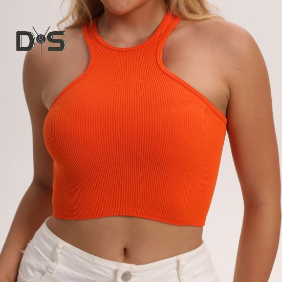 Women Running Vest O-Neck Sleeveless Short Tank Tops Solid Color Ribbed Elastic Fitting Quick Drying Racer Back Vest