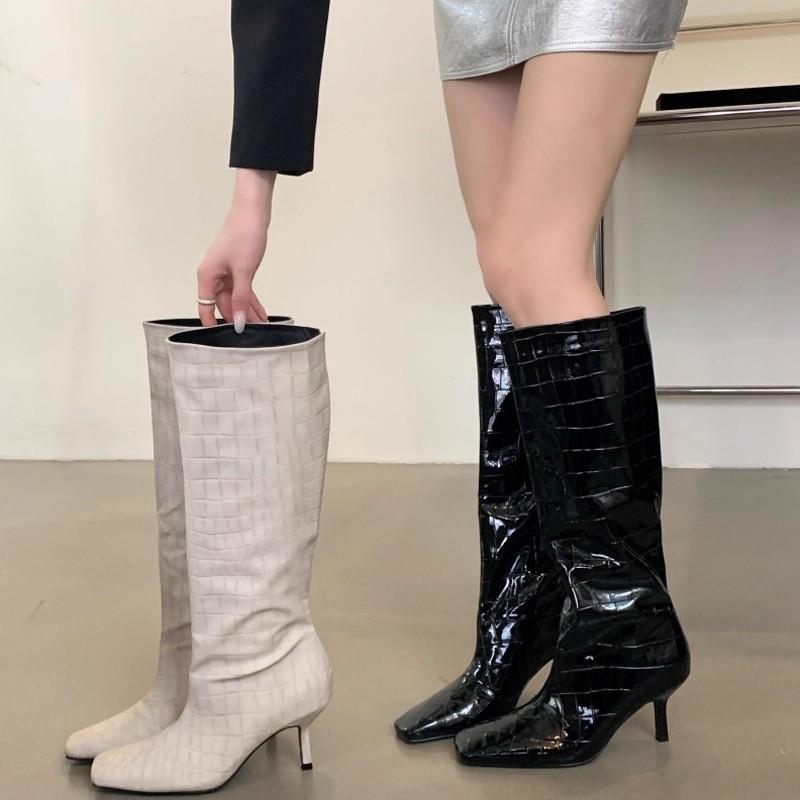 2025 new crocodile pattern long knight boots women's wide tube high boots square head thin heel high heel but knee long boots