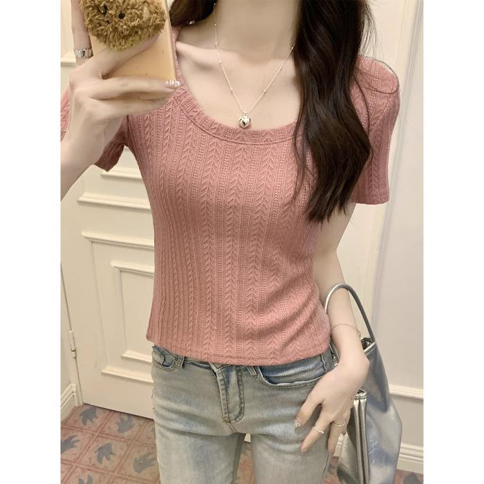 Front shoulder U-neck short-sleeved T-shirt for women's summer pure desire, slim and thin bottom top
