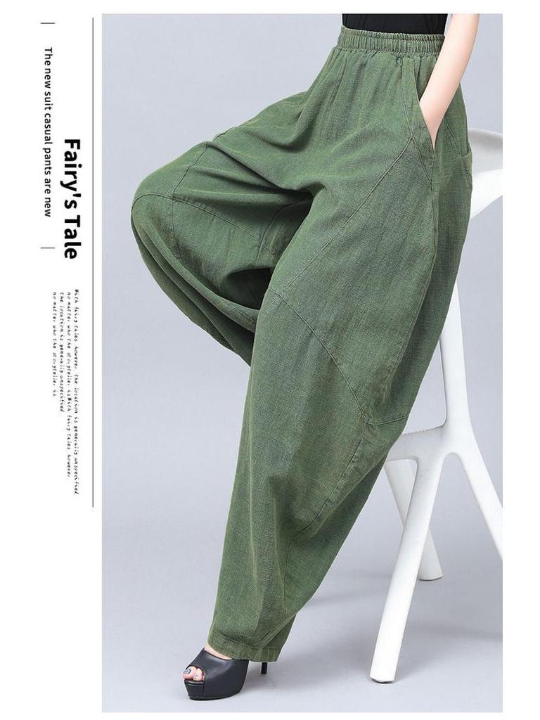 New Retro Cotton Linen Women's Plus Size Tai Chi Harem Pants - Wide Leg Lantern Trousers for Spring, Summer, and Autumn