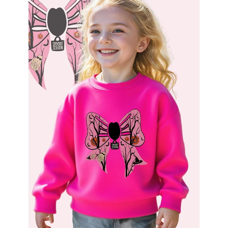 Girls Halloween Spirit Bow Print Long Sleeve Crewneck Sweatshirt - Soft Casual Pullover with Cute Cartoon Graphic 110 розы красного