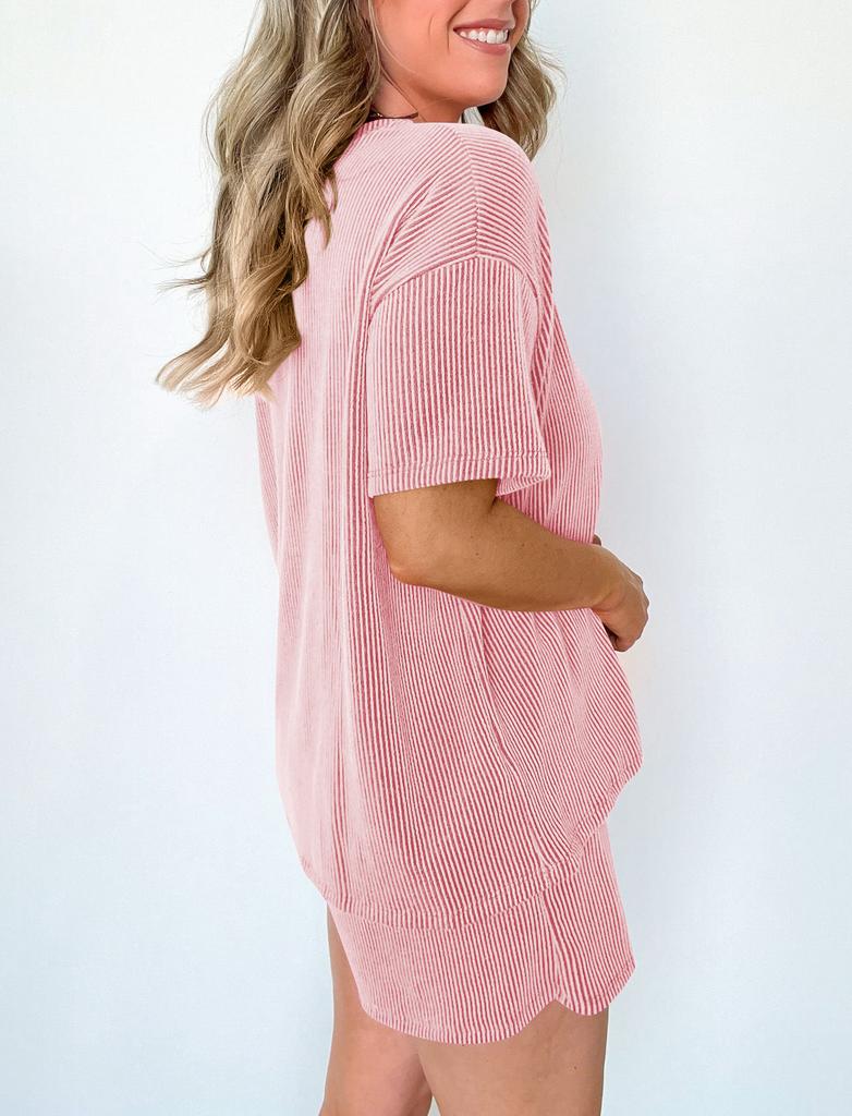 Women Casual Two Piece Set Short Sleeve Round Neck Top Elastic Waist Shorts