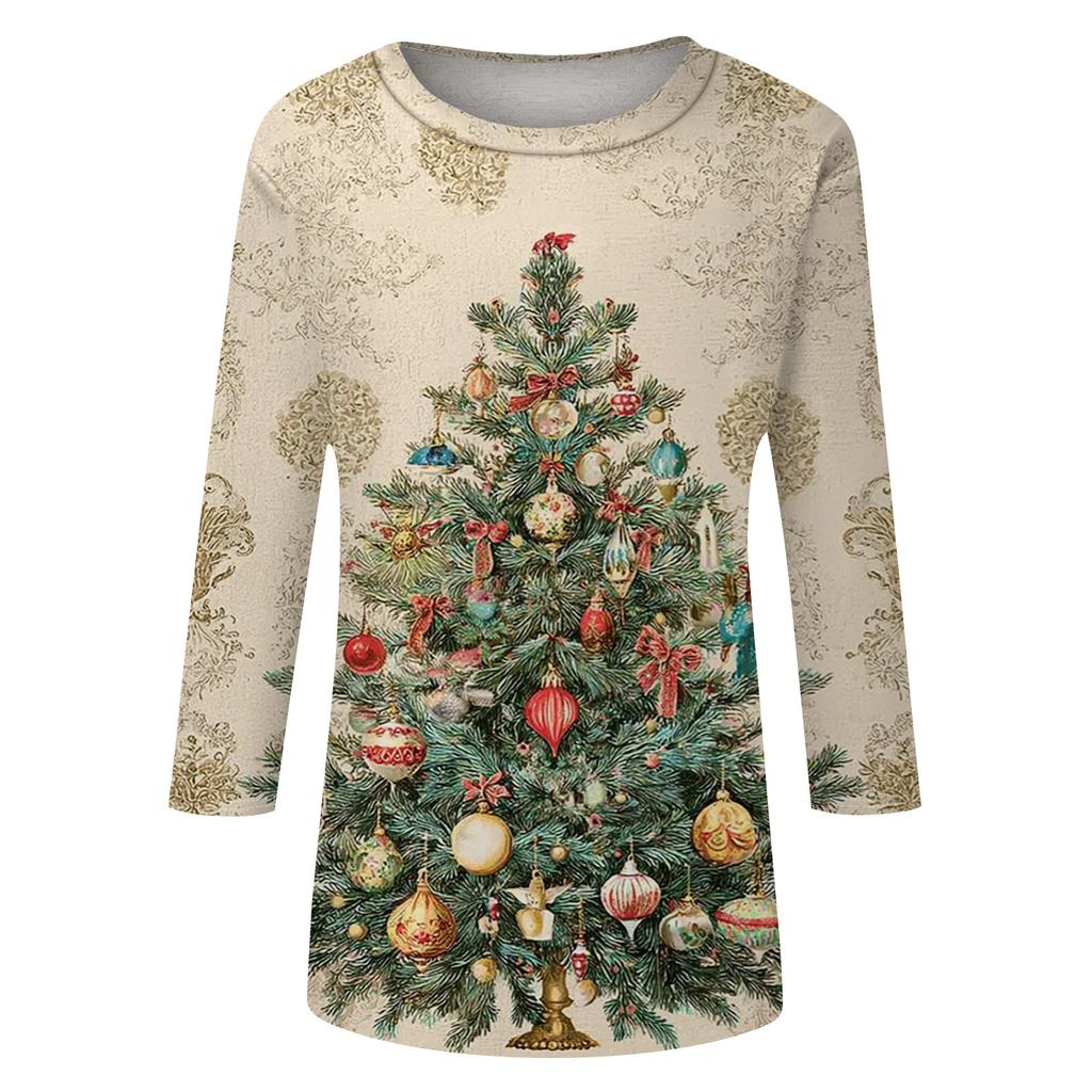 Women's Fashion Casual Round Neck 3/4 Sleeve Loose  Printed T-Shirt Ladies Top