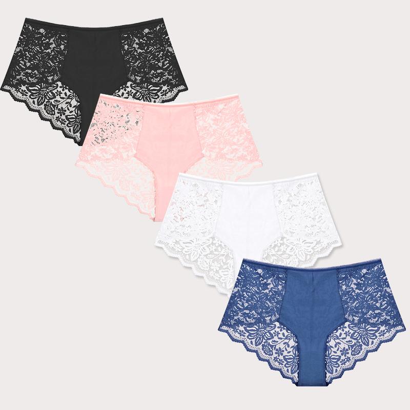 

FINETOO 4 шт. Модные сексуальные трусики Удобные брифы Изысканные шорты Однотонное нижнее белье Кружевной бантик Стринги Ажурные Женское нижнее белье XXL&Set