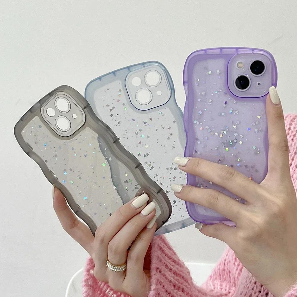 for iPhone 16 15 14 13 12 11 Pro Max Mini XR SE 7 8 Plus Case Cute Clear Drip Glue Star Curly Wave Hybrid Shockproof Soft Cover