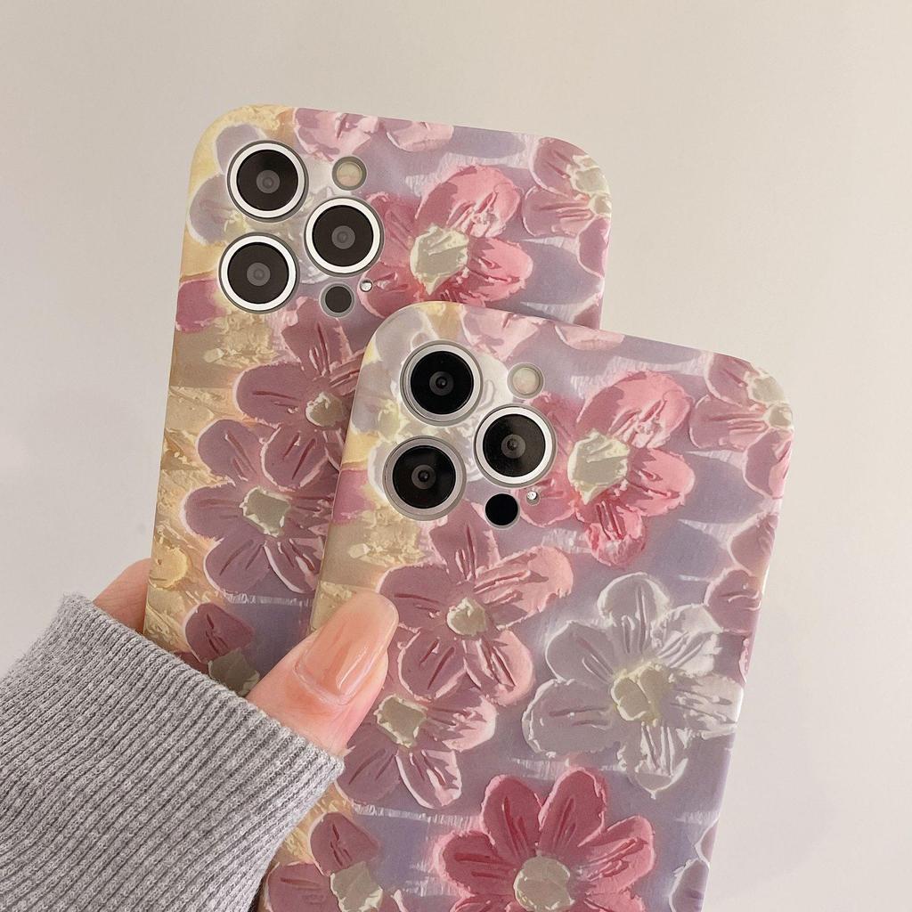 Pink Flower Oil Painting Silicone Case for iPhone 11/12/13/14 Pro Max/15 - Korean Style