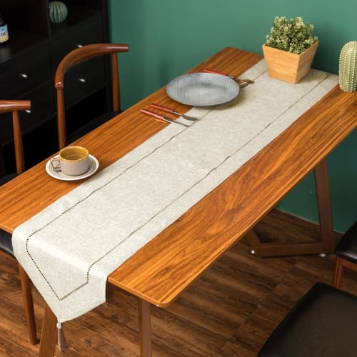 Aomiryo Table Runner, Stylish Nordic Lace Border, Washable, Table Centercloth, Dining Table Decoration, 150 X 31cm, Creme