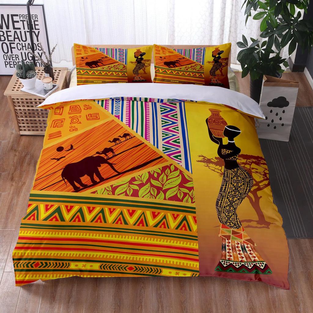 Afrikansk kvinna Sängklädesset Etnisk Afro Påslakan Mikrofiber Afroamerikansk Täcke Set 3 Delar Orange Forntida Öken Full