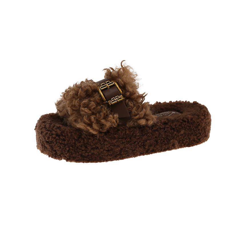 Teddy Curly Hair~ Hong Kong Style Versatile One-Word Cotton Slippers Women's Fashion Outer Wear Platform 2025 Mao Mao Shoes Women's Mao Slippers