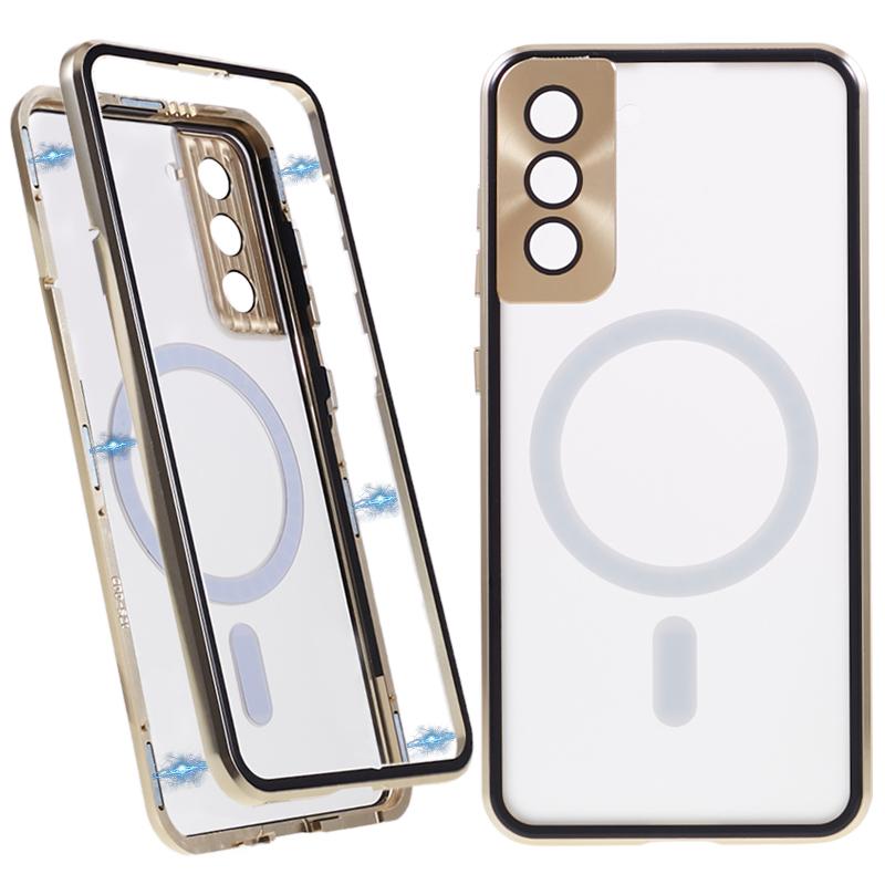 

For Samsung Galaxy S22+ 5G Clear Magnetic Phone Case Tempered Glass Back Frosted PC Metal Frame Protective Cover Gold
