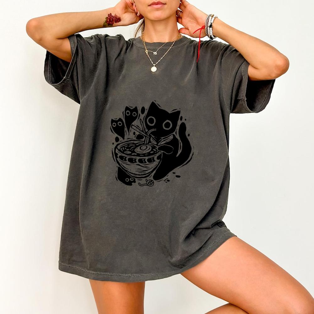T-shirt Gatto Nero Retrò Cotone Lavato Oversize Ottima per Amanti dei Gatti Stile Grunge Abbigliamento Donna
