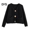 Knit Cropped Cardigan Sweater V-Neck Long Sleeve Buttons Down Loose Fit Sweater Coat with Pockets Solid Color Knitwear