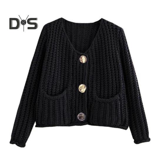 Knit Cropped Cardigan Sweater V-Neck Long Sleeve Buttons Down Loose Fit Sweater Coat with Pockets Solid Color Knitwear
