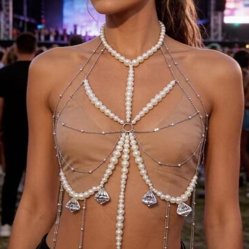 Multi-Strand Beaded Body Jewelry Chain for Women, Statement Chest Necklace Accessory with Cascading Drape Look for Festival and Date Night Outfits