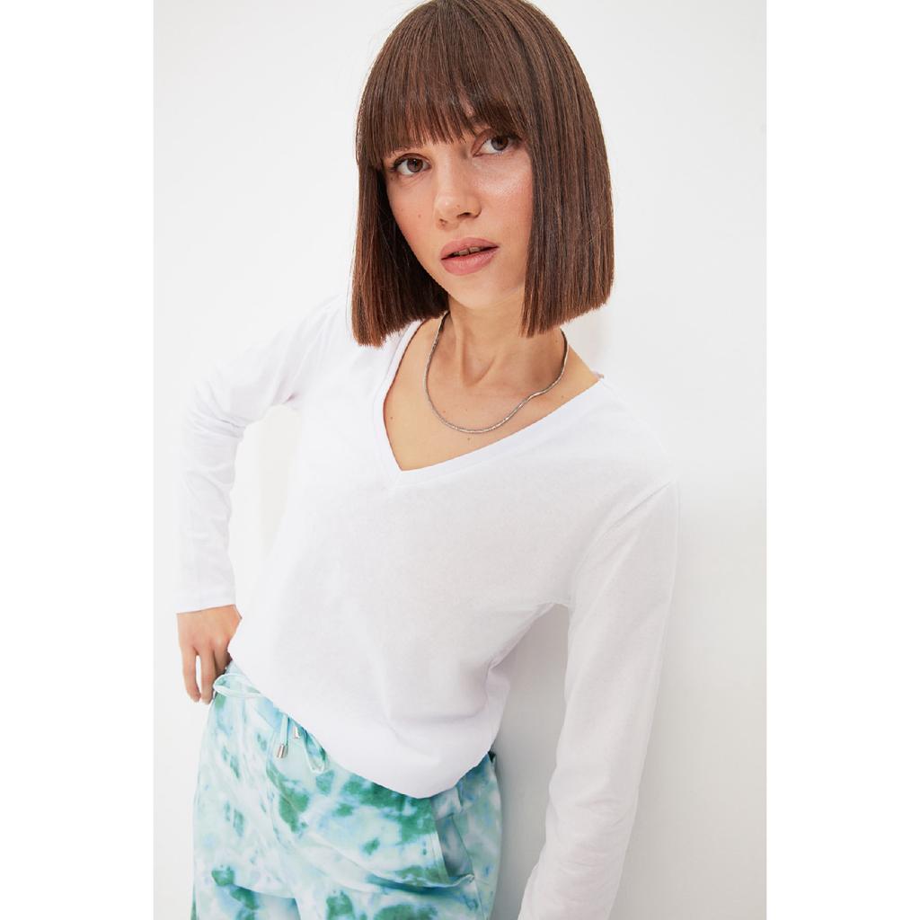 Black 100% Cotton Regular/normal Fit Basic V-neck Long Sleeve Knitted T-shirt Twoaw21ts0099