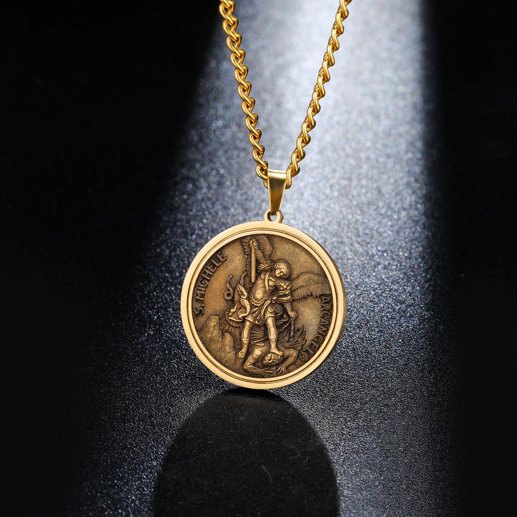 Saint Michael Archangel Medal Necklace for Men St. Michele Pendant Chain Vintage Catholic Christian Religious Amulet Jewelry