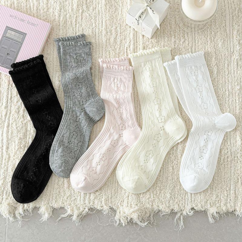 Spring/Summer Lightweight Children's Lace-Free Breathable Ear-Notched Padded Stockings with Bubble Edges and Lace Mid-Calf Length Socks