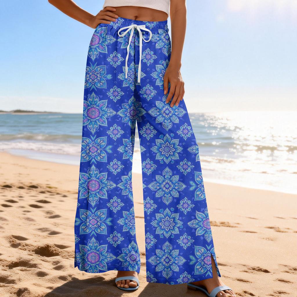 Women Summer Boho Palazzo Pants High Waist Wide Leg Printing Casual Trousers With Pockets