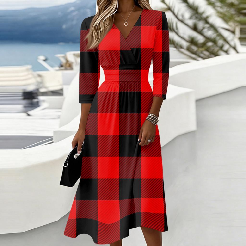 Women Casual V Neck Midi Dress 3/4 Sleeve Back Zipper Fit and Flare Plaid Pattern Comfortable Fabric Daily Wear