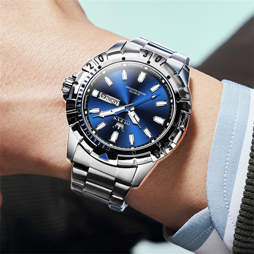 OLEVS Men's Quartz Watch - Multi-Function, Stainless Steel, Water-Resistant, Luminous, Date Display, Analog (Blue)