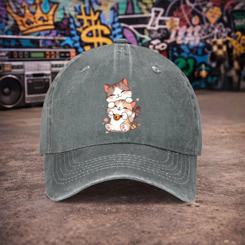 Pc Pcs Unisex Vintage Washed Baseball Cap Suitable for Parties Lightweight Hook Loop Duckbill Hat with Cute Kitten Print W