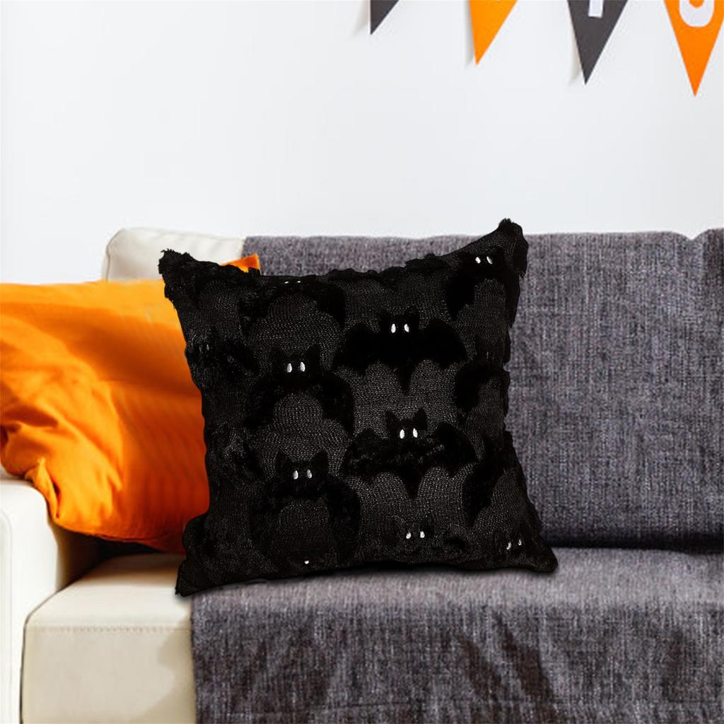 Spooky Halloween Decorative Pillow Covers with Black Plush Bat Design for Home Bedroom and Living Room Décor