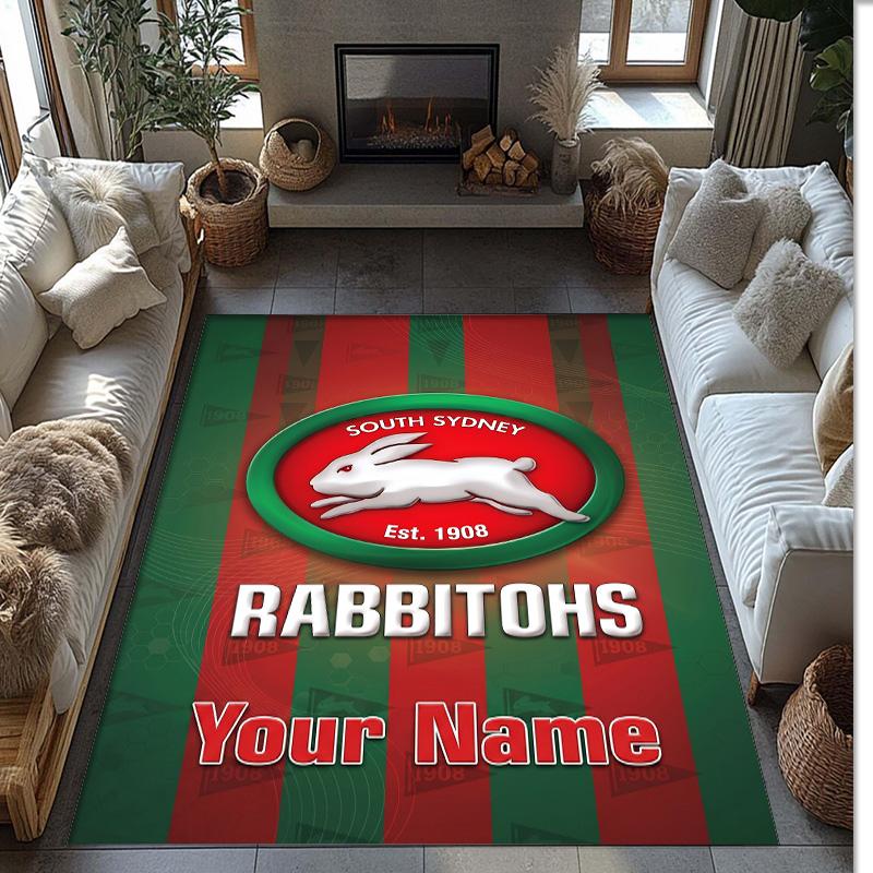South Sydney Rabbitohs Crystal Velvet Rug, Custom Name Text Personalized Non‑Slip Floor Mat for Home Decor Gift