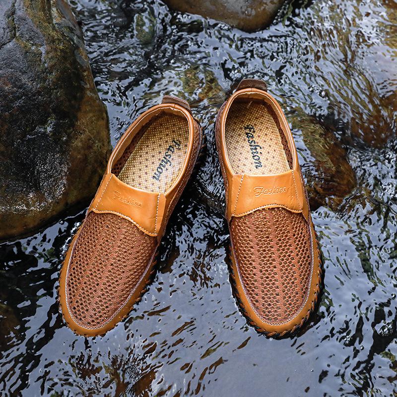Men's Breathable Mesh Summer Sandals - Size 50, Soft Sole Slip-on Leather Shoes for Dad