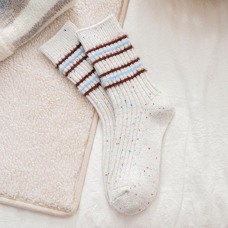 Socken Mittelhohe Socken Saison Warmes Fleece Verdickte Wollsocken Retro Flockstreifen Internet-Berühmtheit Stacking Socken