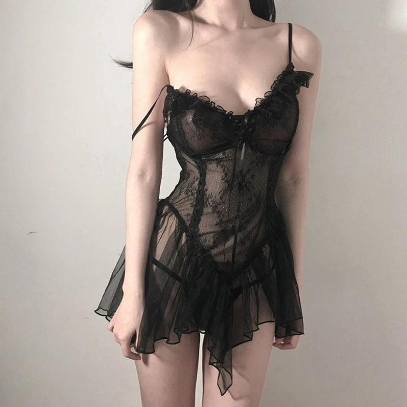 Sexy Lingerie Set Women Porno Sleepwear G String Underwear Porno Sleepwear Lace Sex Clothes Babydoll Erotic Transparent Dress