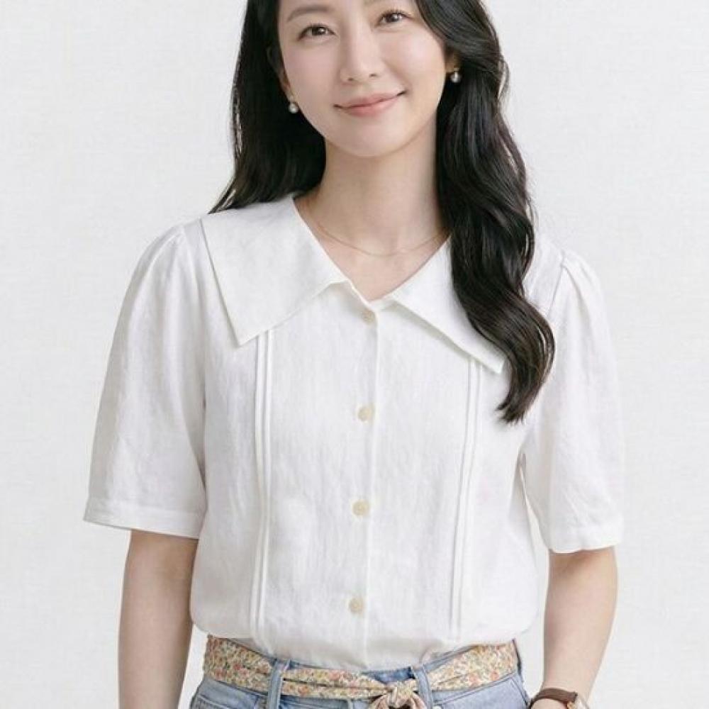 Navava Women Retro Romantic Sheering Big Collar Short Sleeve Blouse Shirt Nb3085