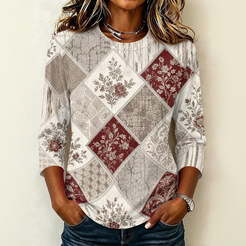 Womens Casual Round Neck 3/4 Sleeve Floral Print T Shirt Top Lightweight Soft Fabric Comfortable Fit Stylish Design