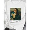 Women's Black Humorous Mona Lisa Money Bills Graphic Casual Short Sleeve Summer Short Sleeved