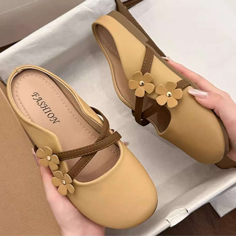 Flat-bottomed bag head half slippers women's summer outer wear 2025 new one-pedal evening women's shoes half-tot Mary Jane single shoes