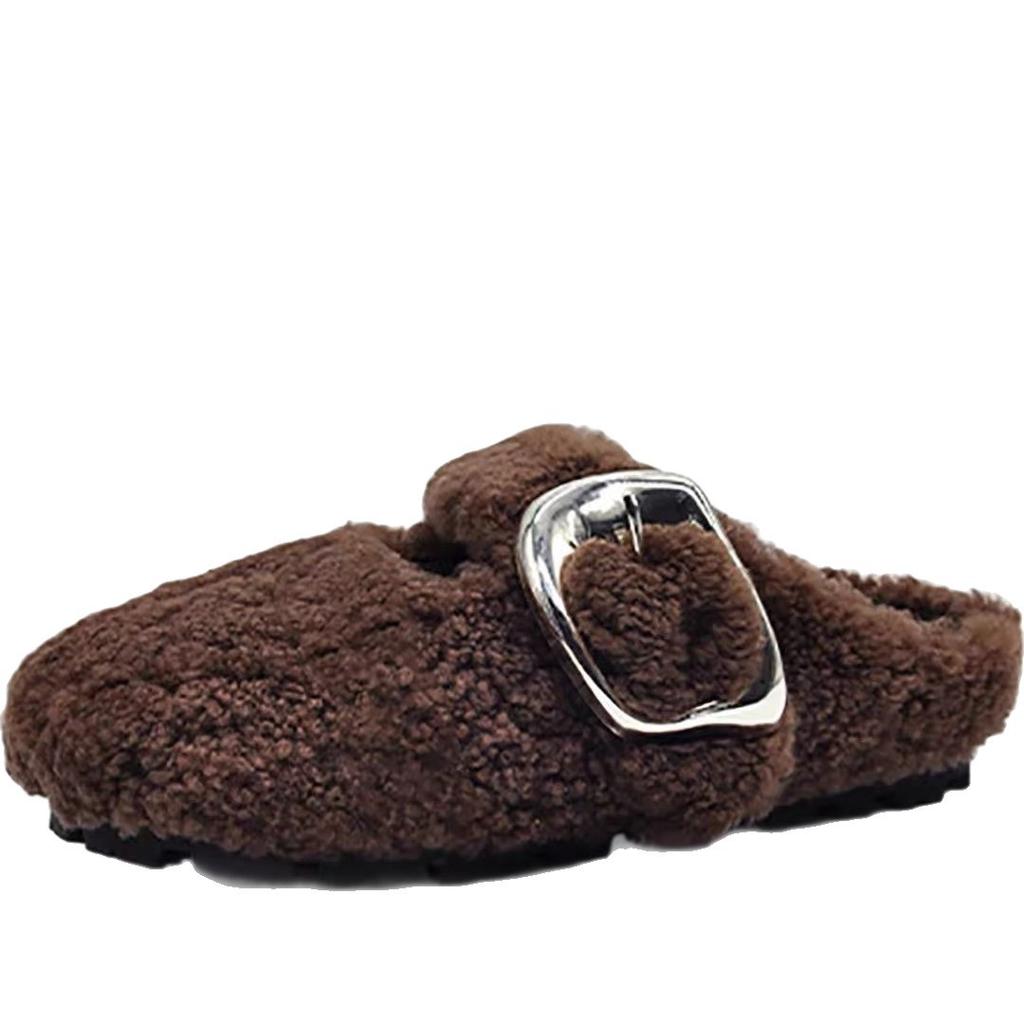 Fashion versatile bag head fluffy shoes women wear lazy women flat-bottomed cotton drag sheepskin fur integrated half slippers velvet winter