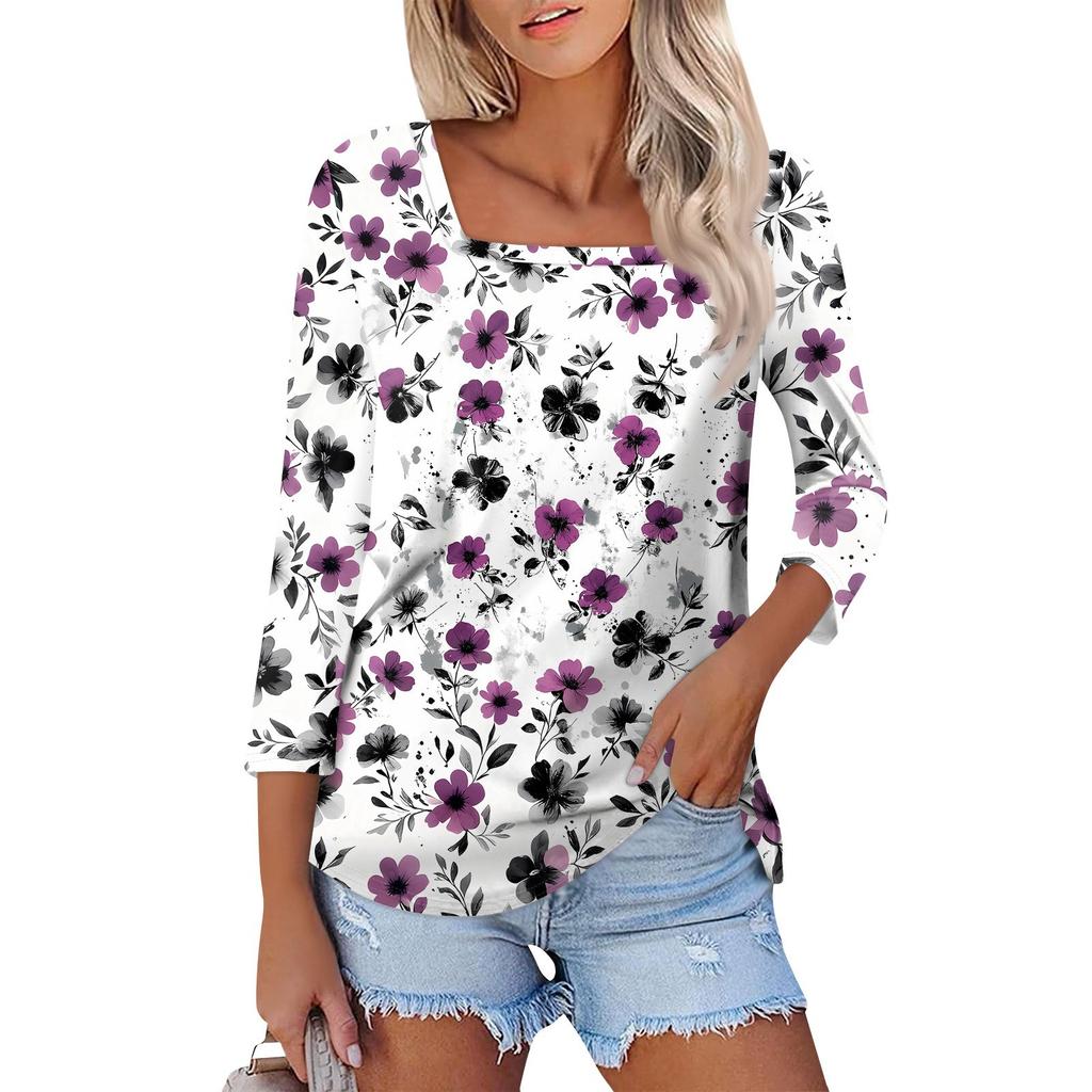 Košile pro dámskou módu Neformální dámské tričko s čtvercovým výstřihem, 3/4 rukávem, volným potištěným tričkem