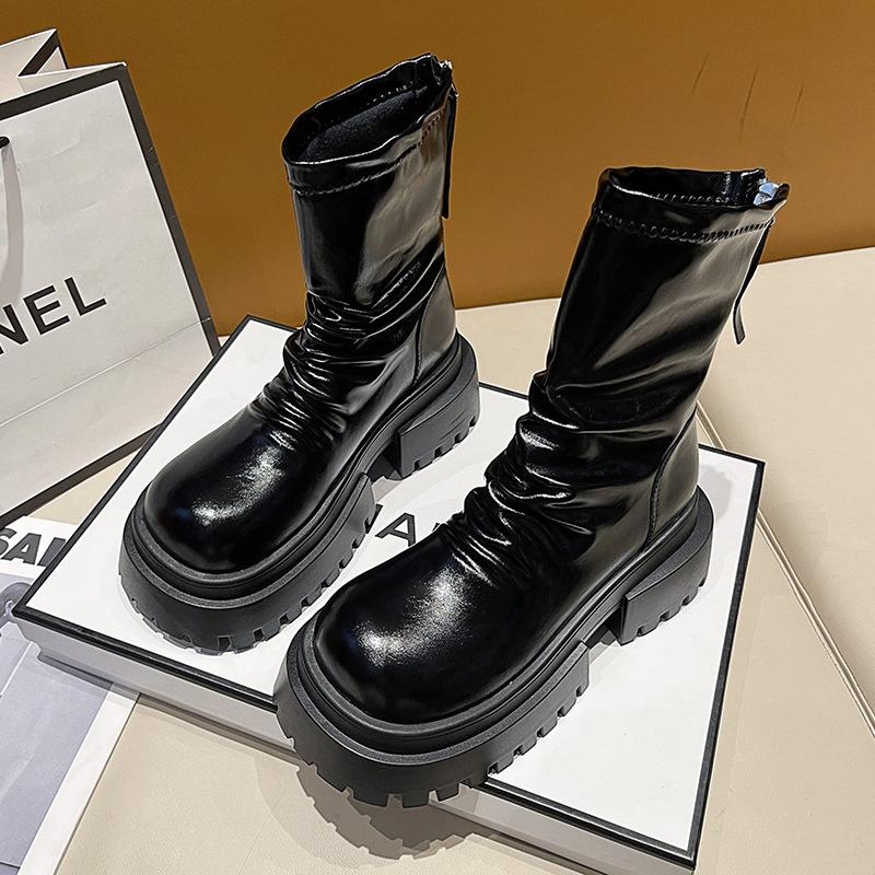 

Модные ботинки Spice girls женские 2025 осень новые розовые легкие на толстой подошве с высоким толстым каблуком из эластичной плиссированной тонкой кожи 40 чёрный