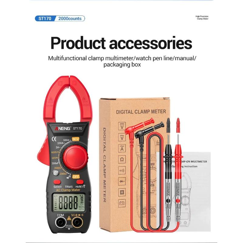 Professional ANENG ST170 Clamp Meter 1999 Counts Digital Multimeter 500A AC/DC Voltage Current NCV Resistance Tester with Free B20Test Pen Non-contact
