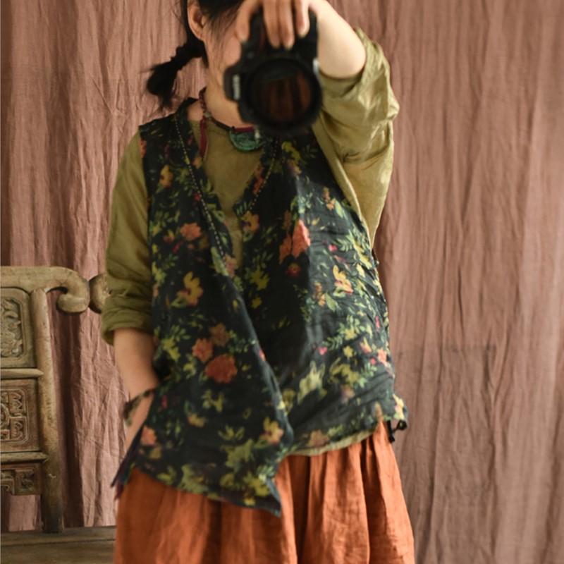 Johnature Dámské květinové vesty Vintage Print Letní kabáty Čínský styl Ramie vysoce kvalitní dámské vesty